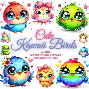 Watercolor Kawaii Bird Png Bundle, Cute Kawaii Birds Clipart Bundle, Kawaii Bird Sublimation Designs, Watercolor Bird Png, Colorful Birds