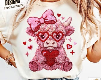 Faux Yarn Valentine Highland Cow Png, Latch Hook Valentine Png, Crochet Cow Png, Preppy Valentine Png, Faux Embroidery Valentine's Day Png