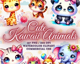 Pacote Mega com 157 Clipart de Animais Bebês Kawaii Fofos, Pacote de Clipart de Animais Kawaii em Aquarela, Pacote de Clipart de Animais Bebês Kawaii em PNG, Clipart de Animais Kawaii Fofos