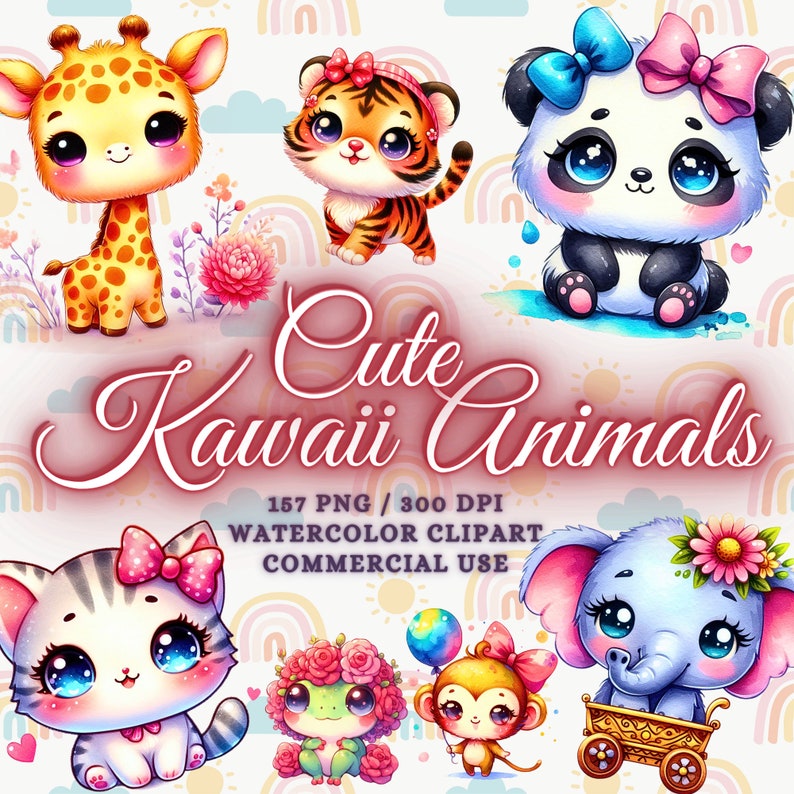 Op de afbeelding: Een set van 10 schattige kawaii dierenillustraties in aquarel stijl. De dieren omvatten een giraffe, tijger, panda, kat, kikker, aap en olifant. De illustraties zijn perfect voor gebruik in digitaal scrapbooken, kaart maken en andere creatieve projecten.