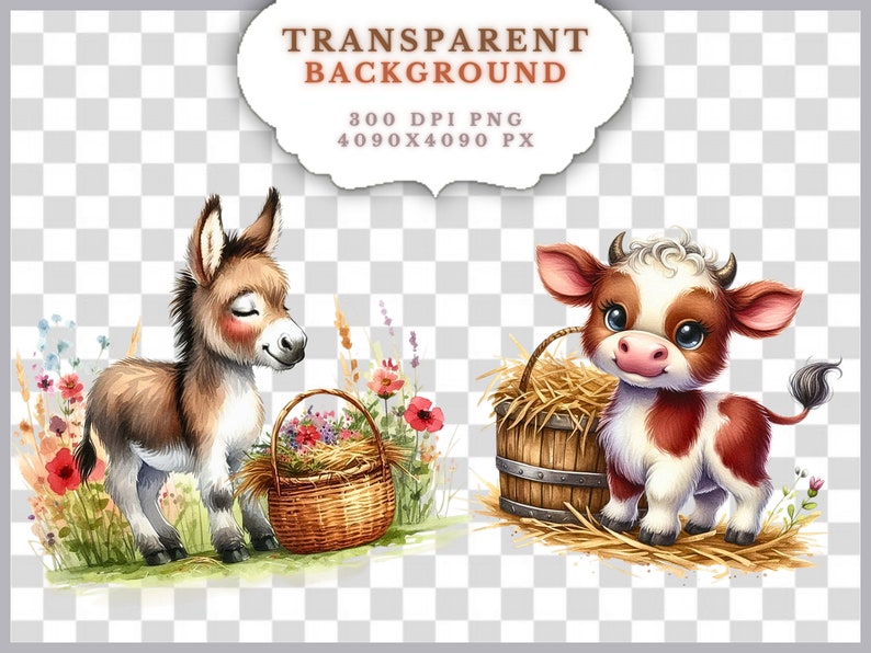 May include: A brown and white donkey with closed eyes stands next to a basket of flowers. A brown and white calf with big blue eyes stands next to a wooden bucket filled with hay.