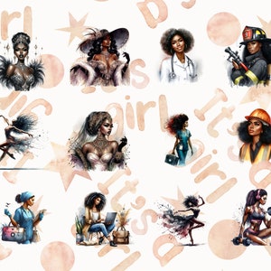 May include: Watercolor illustrations of Black women in various professions and elegant attire, including a doctor, firefighter, and ballerina. The background features a repeating pattern of stars and the word "girl" in a soft, peachy hue.