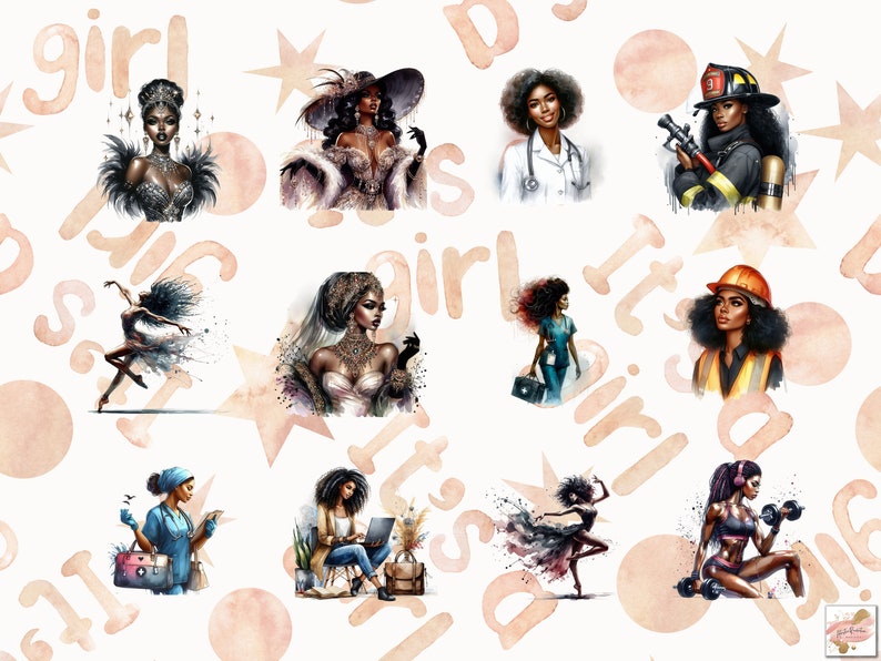 May include: Watercolor illustrations of Black women in various professions and elegant attire, including a doctor, firefighter, and ballerina. The background features a repeating pattern of stars and the word "girl" in a soft, peachy hue.