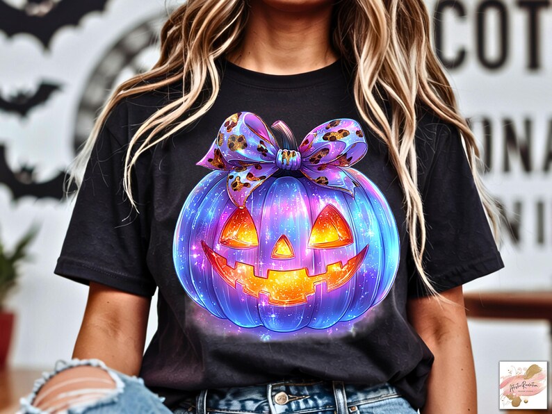 May include: Black t-shirt featuring a vibrant, glowing jack-o'-lantern design. The pumpkin is a mix of blue, purple, and orange with a patterned bow. The design is perfect for Halloween.