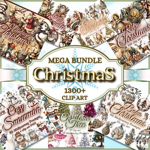 1300 クリスマス クリップアート メガ バンドル PNG 水彩クリスマス クリップアート バンドル 居心地の良いクリスマス クリップアート レトロ ビンテージ クリスマス クリップアート PNG