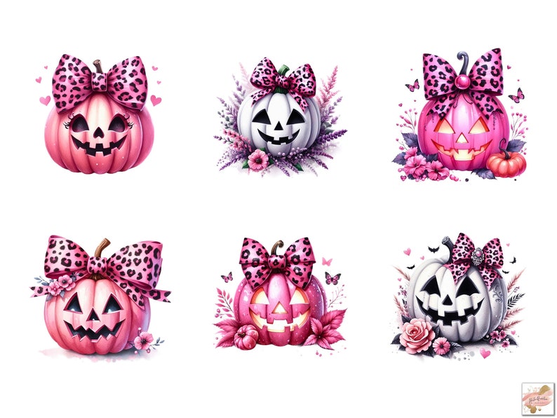 May include: Six Halloween-themed pumpkins with pink and white paint, decorated with pink bows and leopard print. The pumpkins have carved jack-o'-lantern faces.