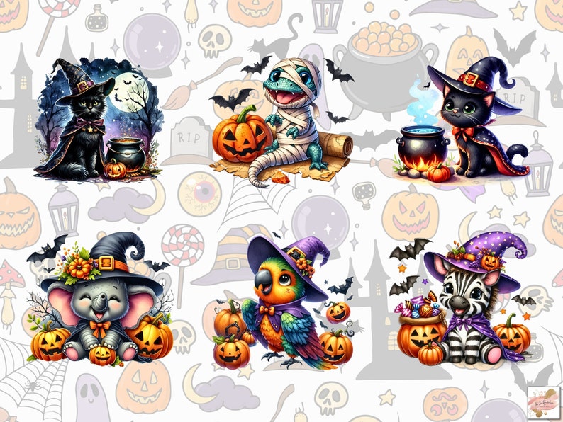 May include: Four Halloween-themed illustrations featuring a black cat, a mummy, a zebra, and an elephant, each wearing a witch's hat and holding a pumpkin. The illustrations are set against a white background with a pattern of Halloween-themed objects.