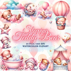 54 Watercolor Cute Teddy Bear Clipart Bundle, Sleeping Teddy Bears, Baby Shower Clipart Bundle, Pink Teddy Bear Clipart, Cute Teddy Bear Png