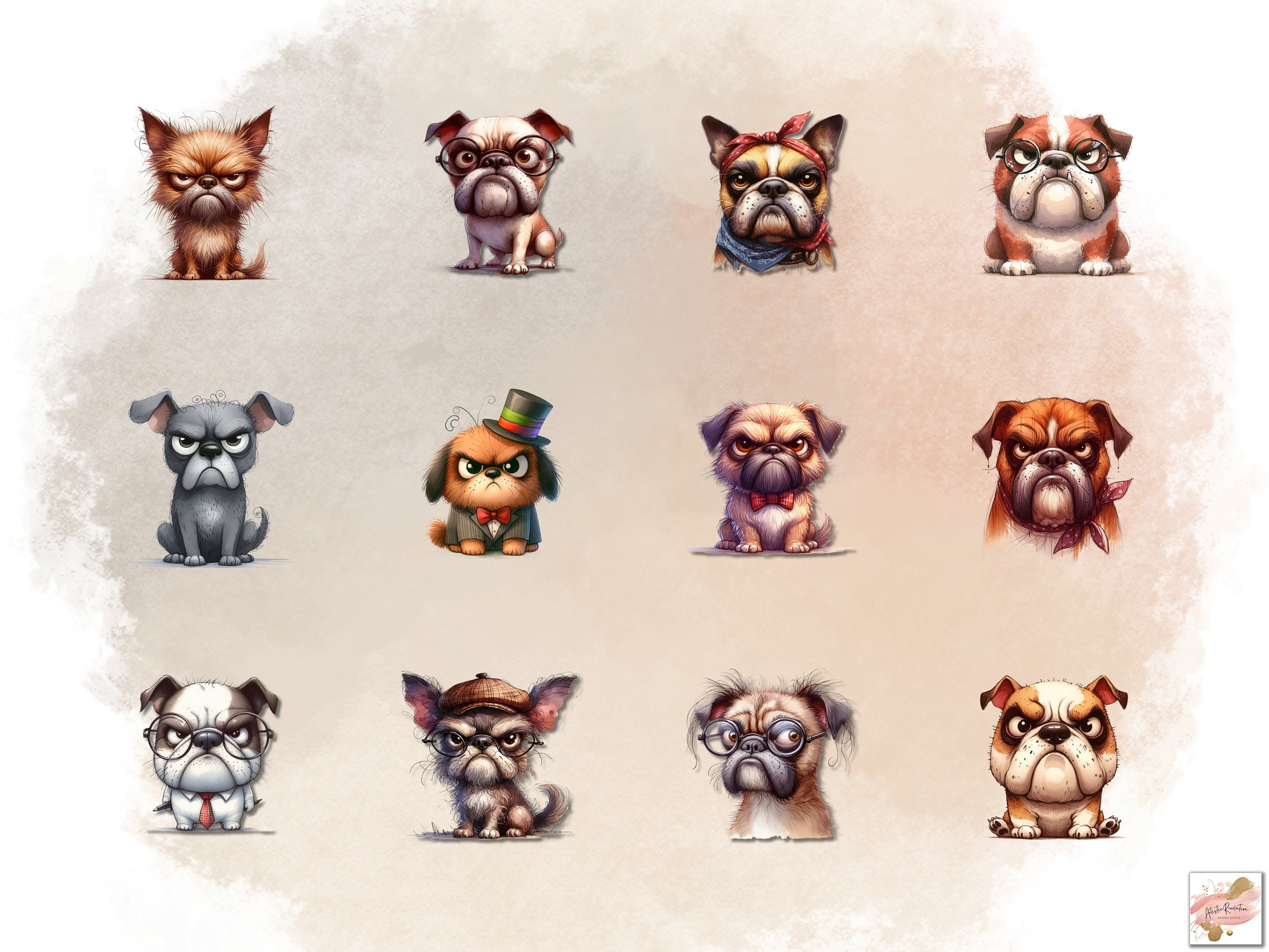 Funny Grumpy Dogs Clipart Bundle, Cute Funny Dog Png Bundle, Watercolor ...