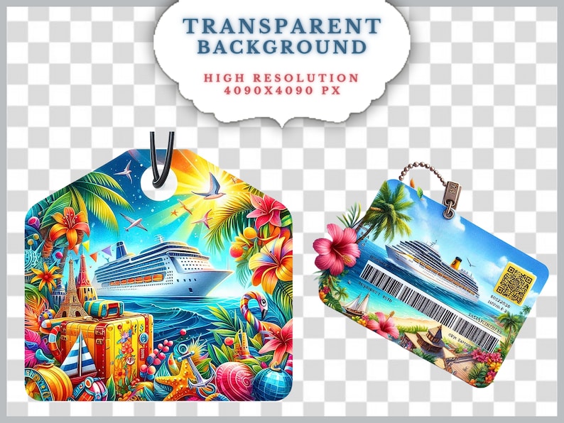 May include: Two colorful luggage tags with tropical cruise ship scenes. One tag features a cruise ship sailing on blue water with a sunny sky, palm trees, and flowers. The other tag has a similar scene with a QR code and a barcode.