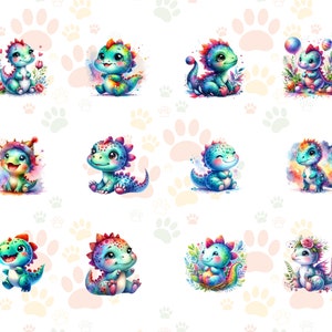 Puede incluir: Nueve ilustraciones coloridas de lindos dinosaurios beb&eacute;s con diferentes expresiones y accesorios. Los dinosaurios est&aacute;n rodeados de un fondo blanco con huellas de patas rosas.