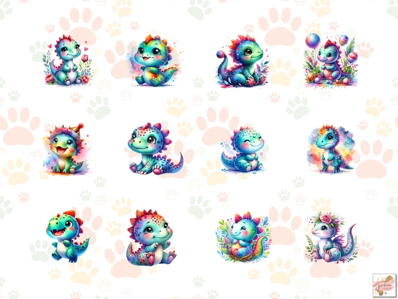 Puede incluir: Nueve ilustraciones coloridas de lindos dinosaurios beb&eacute;s con diferentes expresiones y accesorios. Los dinosaurios est&aacute;n rodeados de un fondo blanco con huellas de patas rosas.