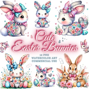 Op de afbeelding: Een set van 13 digitale aquarel illustraties van schattige paashazen. De konijnen dragen bloemenjurken en strikken. De tekst "Cute Easter Bunnies" is geschreven in roze letters. De tekst "13 PNG Watercolor Art Commercial Use" is geschreven in grijze letters.