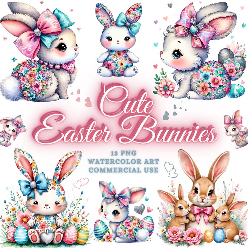 Op de afbeelding: Een set van 13 digitale aquarel illustraties van schattige paashazen. De konijnen dragen bloemenjurken en strikken. De tekst "Cute Easter Bunnies" is geschreven in roze letters. De tekst "13 PNG Watercolor Art Commercial Use" is geschreven in grijze letters.