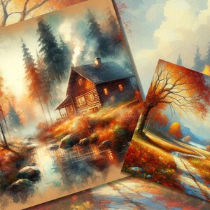 Op de afbeelding: Aquarel schilderijen van herfstlandschappen. E&eacute;n schilderij toont een hut op een heuvel met een rivier, omringd door bomen met oranje en rode bladeren. Een ander toont een pad dat door een veld slingert met een boom en een klein huis.