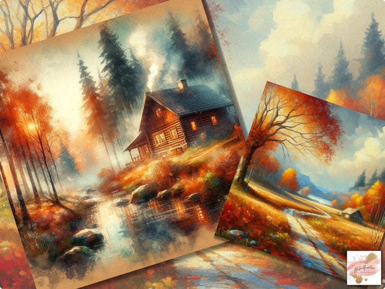 Op de afbeelding: Aquarel schilderijen van herfstlandschappen. E&eacute;n schilderij toont een hut op een heuvel met een rivier, omringd door bomen met oranje en rode bladeren. Een ander toont een pad dat door een veld slingert met een boom en een klein huis.