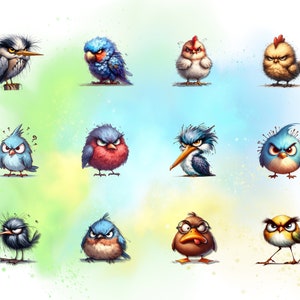May include: A digital illustration of 10 cartoon birds with different expressions and personalities. The birds are drawn in a colorful style with a variety of colors, including blue, red, yellow, and green. The birds are all different sizes and shapes, and they are all looking in different directions.