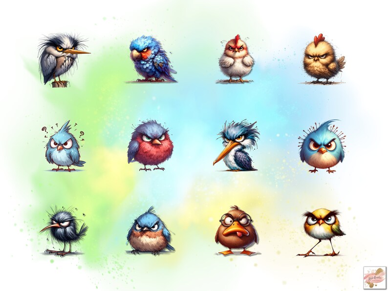 May include: A digital illustration of 10 cartoon birds with different expressions and personalities. The birds are drawn in a colorful style with a variety of colors, including blue, red, yellow, and green. The birds are all different sizes and shapes, and they are all looking in different directions.
