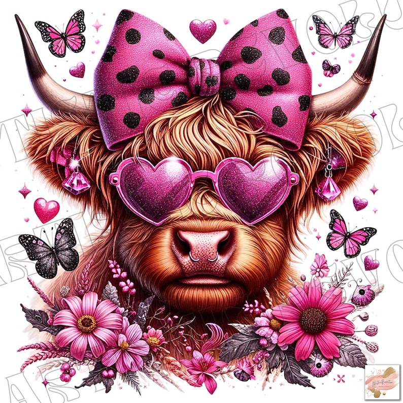 May include: A Highland cow with pink heart-shaped sunglasses, a pink polka dot bow, and pink flowers around its neck. The cow has a nose ring and sparkly earrings.
