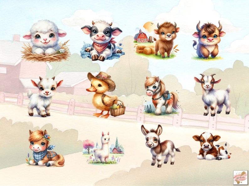 May include: A collection of cute cartoon farm animals, including a lamb, cow, bull, goat, duck, horse, donkey, alpaca, and calf. The animals are all drawn in a whimsical style with bright colors and playful expressions.