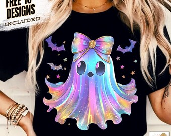 Coquette Neon Iridescent Ghost Png, Halloween Ghost Shirt png, Girly Halloween Png, Ghost sublimation, Cute Ghost Png, Boo Halloween Design