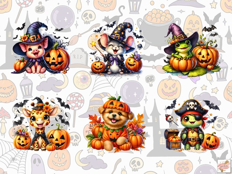 May include: Five adorable animal characters dressed in Halloween costumes. A pig wearing a witch's hat, a mouse wearing a witch's hat, a frog wearing a witch's hat, a giraffe wearing a witch's hat, and a turtle wearing a pirate hat. Each character is holding a jack-o-lantern.
