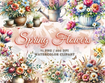71 Aquarell Frühlingsblumen Clipart Bundle, Wildblumen Clipart Bundle, Blumensträuße Clipart, Frühlingsblumen Png, Wildblumen Png Tulpen