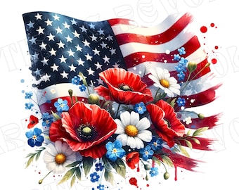 Floral American Flag PNG, 4th of July PNG, America Png, Patriotic PNG Design, Coquette 4th Of July Png, Retro 4th of July Png Designs