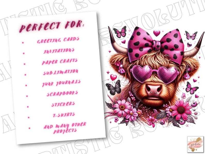 May include: Digital illustration of a Highland cow with pink heart-shaped sunglasses, a pink and black polka dot bow, and pink flowers. The text "PERFECT FOR:" is listed with a variety of uses for the image, including greeting cards, invitations, paper crafts, sublimation, junk journals, scrapbooks, stickers, t-shirts, and many other projects.