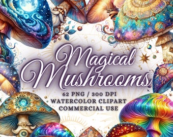 May include: A collection of 62 watercolor clipart images of magical mushrooms. The mushrooms are colorful and have intricate designs. The text "Magical Mushrooms" is written in a whimsical font. The text "62 PNG / 300 DPI Watercolor Clipart Commercial Use" is also included.