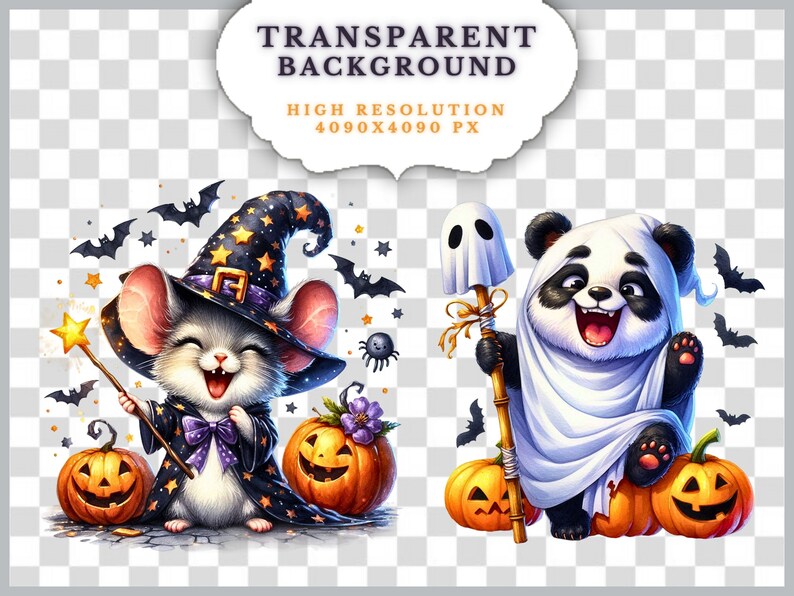 May include: A cute cartoon mouse wearing a witch's hat and holding a magic wand, a panda bear dressed as a ghost, and pumpkins with jack-o'-lantern faces. Halloween themed illustration.