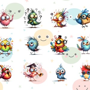 Puede incluir: Una colecci&oacute;n de p&aacute;jaros de dibujos animados caprichosos con ojos expresivos y plumaje colorido. Cada p&aacute;jaro presenta accesorios &uacute;nicos como gafas, sombreros y signos de interrogaci&oacute;n, sobre un fondo de c&iacute;rculos y estrellas pastel. Las ilustraciones tienen un estilo l&uacute;dico y art&iacute;stico.