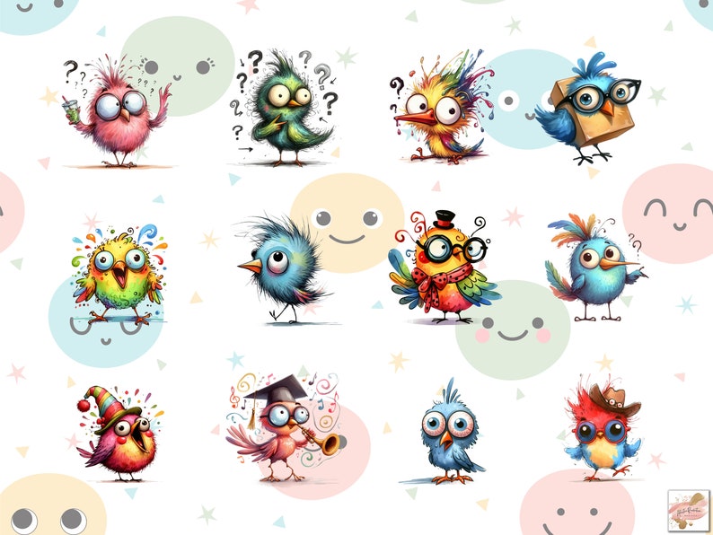 Puede incluir: Una colecci&oacute;n de p&aacute;jaros de dibujos animados caprichosos con ojos expresivos y plumaje colorido. Cada p&aacute;jaro presenta accesorios &uacute;nicos como gafas, sombreros y signos de interrogaci&oacute;n, sobre un fondo de c&iacute;rculos y estrellas pastel. Las ilustraciones tienen un estilo l&uacute;dico y art&iacute;stico.