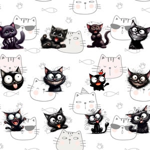 K&ouml;nnte beinhalten: Ein wei&szlig;er Hintergrund mit einem sich wiederholenden Muster aus schwarzen Katzen mit verschiedenen Gesichtsausdr&uuml;cken. Die Katzen sind im Cartoon-Stil gezeichnet und haben verschiedene Accessoires wie Sonnenbrillen, H&uuml;te und Fliegen. Der Hintergrund zeigt auch kleine graue Pfotenabdr&uuml;cke und Fische.