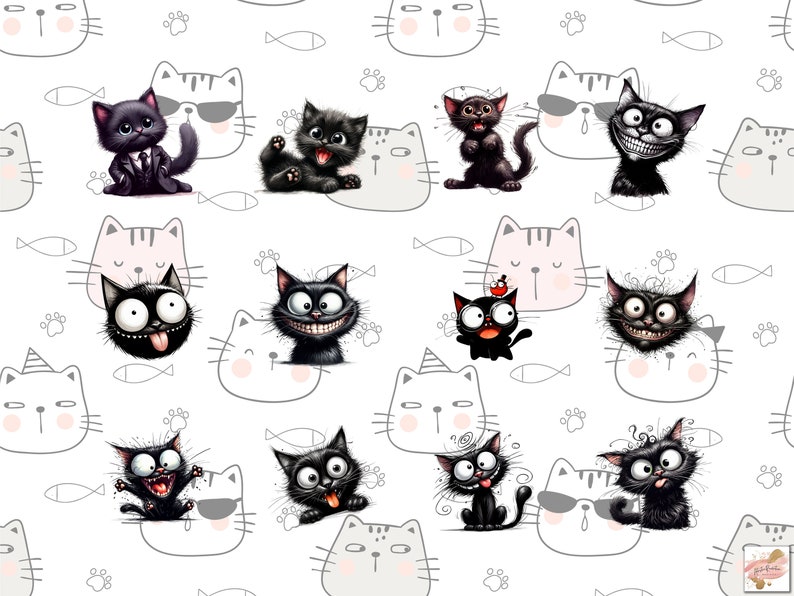 K&ouml;nnte beinhalten: Ein wei&szlig;er Hintergrund mit einem sich wiederholenden Muster aus schwarzen Katzen mit verschiedenen Gesichtsausdr&uuml;cken. Die Katzen sind im Cartoon-Stil gezeichnet und haben verschiedene Accessoires wie Sonnenbrillen, H&uuml;te und Fliegen. Der Hintergrund zeigt auch kleine graue Pfotenabdr&uuml;cke und Fische.