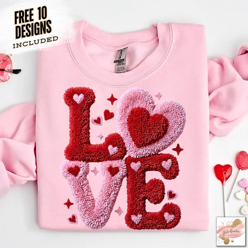 May include: A light pink sweatshirt with the word "LOVE" embroidered in red and pink textured fabric. The design includes heart shapes and stars. Text at the top left reads "FREE 10 DESIGNS INCLUDED".
