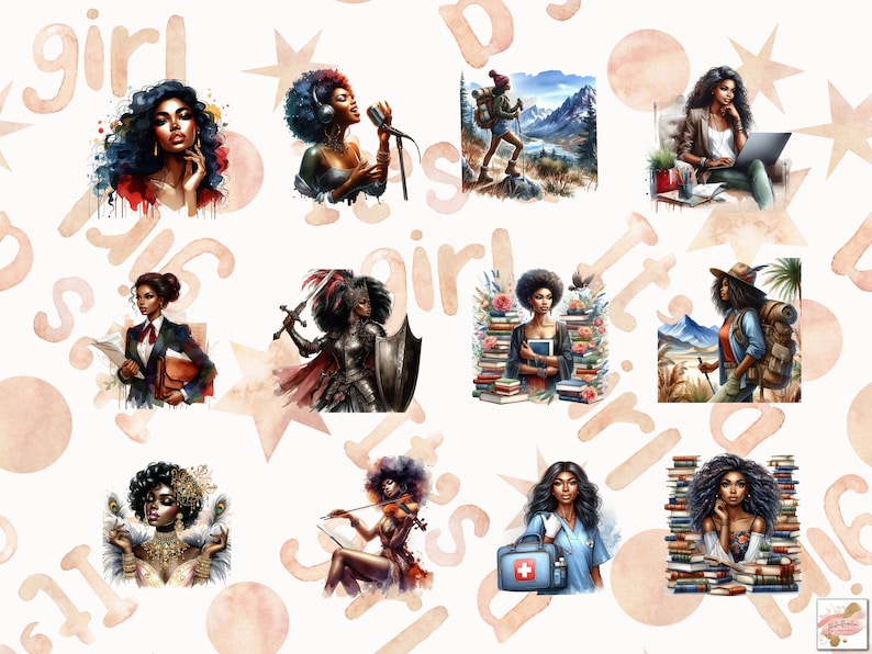 May include: Watercolor illustrations of diverse women in various professions and activities. The images include a singer, hiker, businesswoman, warrior, and doctor. The background features the word "girl" and star shapes in a soft, neutral color palette.