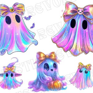 Op de afbeelding: Een verzameling grillige, kleurrijke spookillustraties. Elke geest wordt afgebeeld met een uniek ontwerp, met strikken, hoeden en een pompoen. De geesten zijn weergegeven in een levendig palet van blauw, paars en roze, met een sprankelend, iriserend effect.