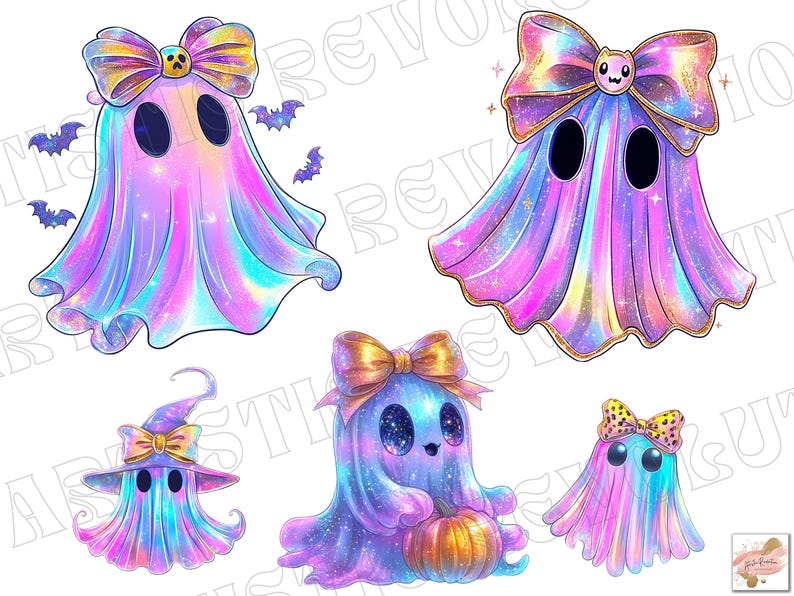 Op de afbeelding: Een verzameling grillige, kleurrijke spookillustraties. Elke geest wordt afgebeeld met een uniek ontwerp, met strikken, hoeden en een pompoen. De geesten zijn weergegeven in een levendig palet van blauw, paars en roze, met een sprankelend, iriserend effect.