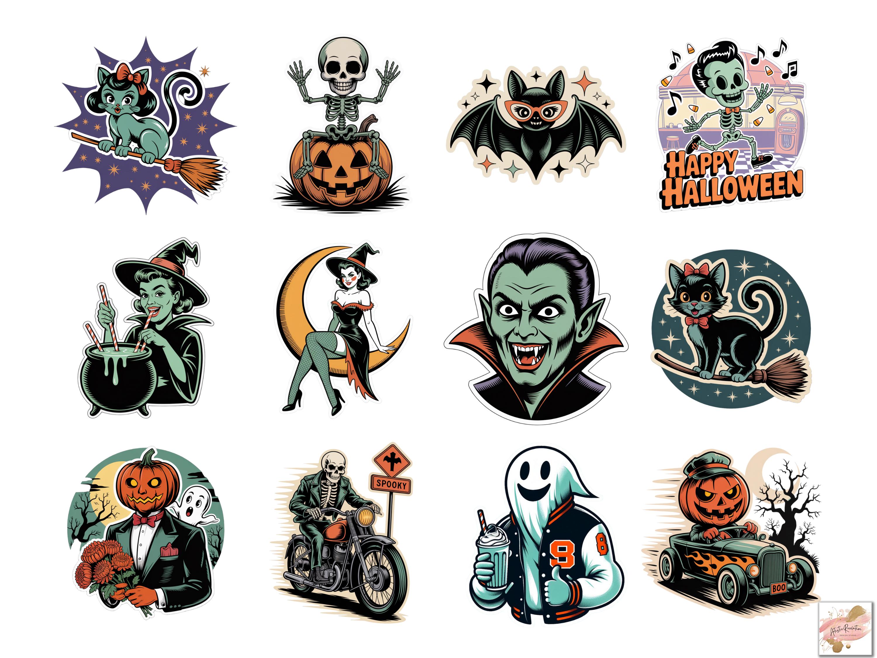 65 Vintage Halloween Stickers Clipart Bundle, Cute Halloween PNG Bundle ...