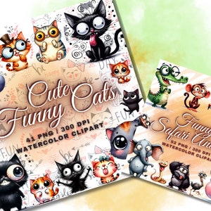 May include: Watercolor clipart featuring cute, cartoon cats and funny safari animals. The "Cute Cats" design includes various cat illustrations, while the "Funny Safari Animals" design showcases a variety of animals. Both designs are labeled as watercolor clipart.