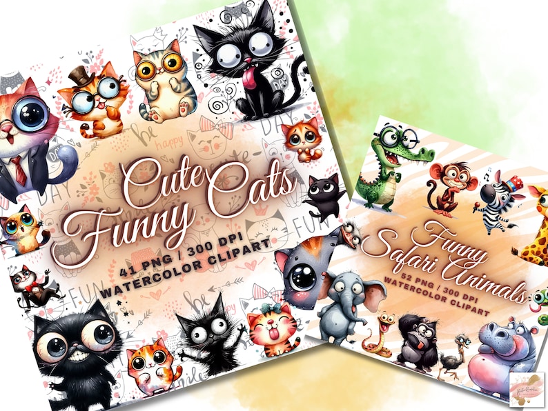 May include: Watercolor clipart featuring cute, cartoon cats and funny safari animals. The "Cute Cats" design includes various cat illustrations, while the "Funny Safari Animals" design showcases a variety of animals. Both designs are labeled as watercolor clipart.