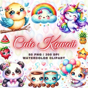 80 Watercolor Cute Kawaii Clipart Bundle, Cute Kawaii Png, Kawaii Animals, Kawaii Food, Kawaii Nursery Clipart, Cute Baby Shower Clipart Png