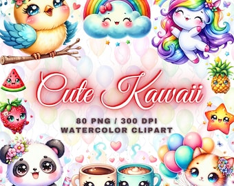 May include: A set of 80 watercolor clipart images featuring cute kawaii characters, including a rainbow, a unicorn, a bird, a panda, a cat, a star, a watermelon, a strawberry, and two coffee mugs. The images are perfect for adding a touch of whimsy to your projects.