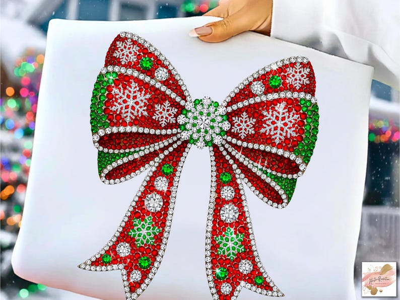Puede incluir: Un dise&ntilde;o decorativo de lazo navide&ntilde;o, con una combinaci&oacute;n de colores rojo y verde y acentos de copo de nieve. El lazo est&aacute; adornado con brillantes pedrer&iacute;a, creando un aspecto festivo y elegante. El dise&ntilde;o est&aacute; sobre un fondo blanco.