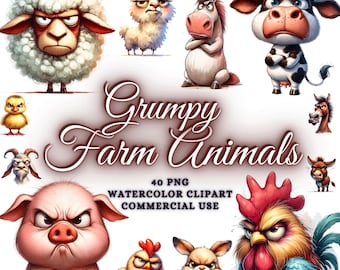 40 Watercolor Grumpy Baby Farm Animals Clipart Bundle, Grumpy Farm Animals Png, Baby Cow Clipart, Baby Sheep Clipart, Baby Horse Clipart