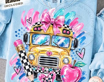 School Bus PNG, Pink Bow Apple, Preppy Teacher Shirt Design (Digital Download)