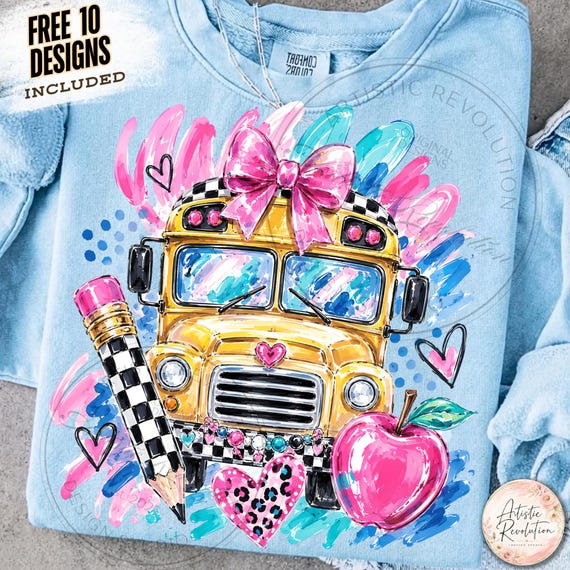 School Bus PNG, Pink Bow Apple Pencil Back to School Sublimation, Preppy Teacher Shirt Design, First Day Classroom Design, Student Shirt PNG