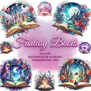 50 aquarel Fantasy boeken clipart PNG, magische boeken clipart bundel, sprookjes clipart, lezen clipart vintage boek clipart Fantasy clipart