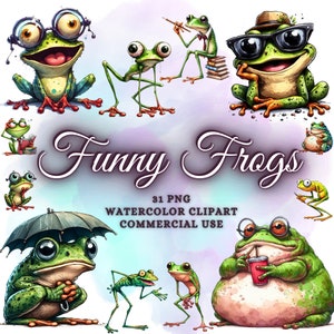 31 Bundle de cliparts drôle de grenouille mignonne à l'aquarelle, sublimation de grenouille drôle de Png, aquarelle de grenouille, bébé grenouille, cliparts animaux drôles drôles d'animal Png